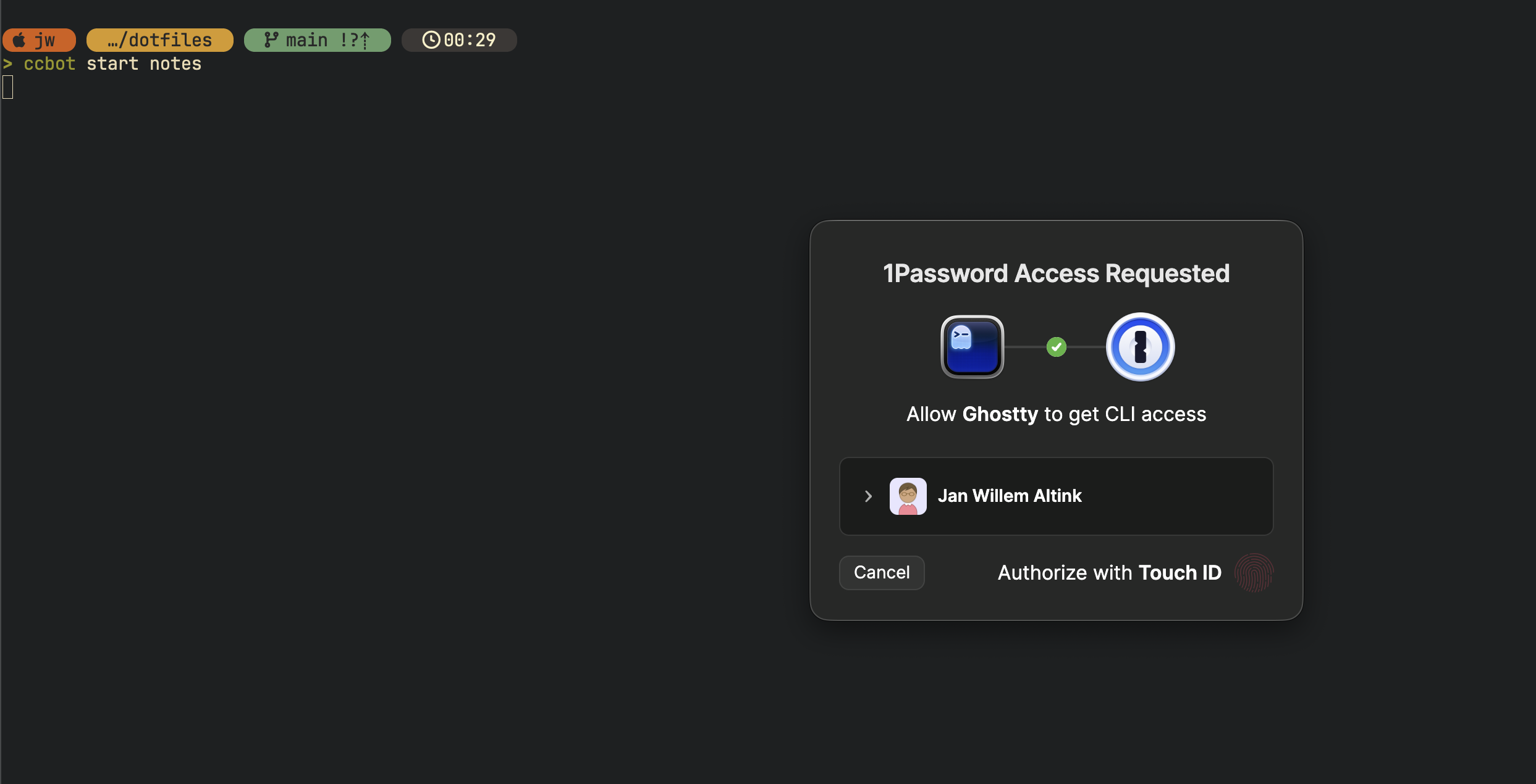 1Password Touch ID prompt when starting a ccbot session
