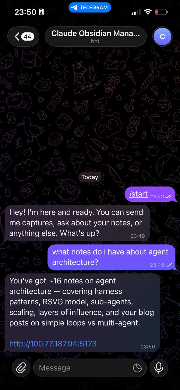 Telegram conversation asking Claude about agent architecture notes